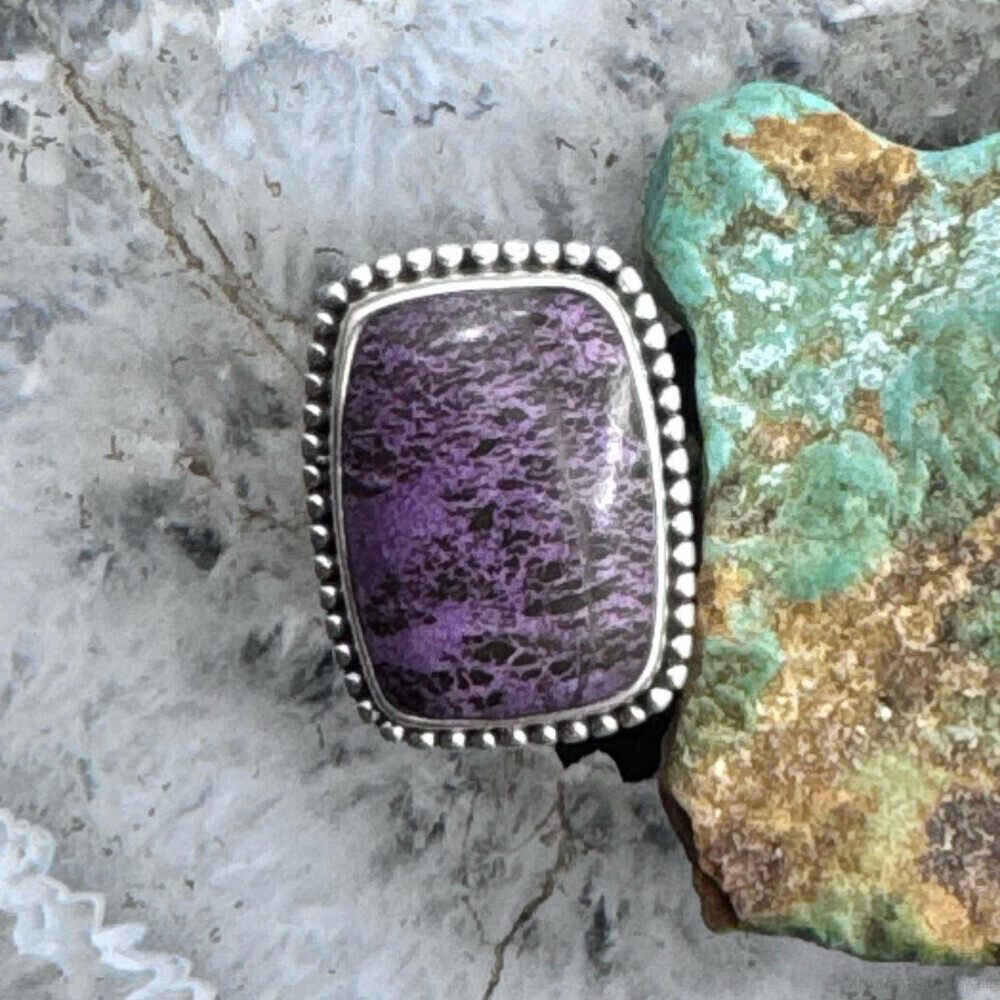 Sterling Southwestern Style Purpurite Decorated Bar Ring Size 8 For Women - Picture 5 of 10